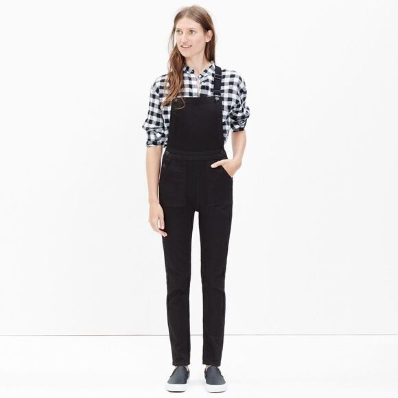 Madewell Charcoal Black Stretch Raw Hem Side Zip Bib Adjustable Overalls Pockets - Picture 1 of 7